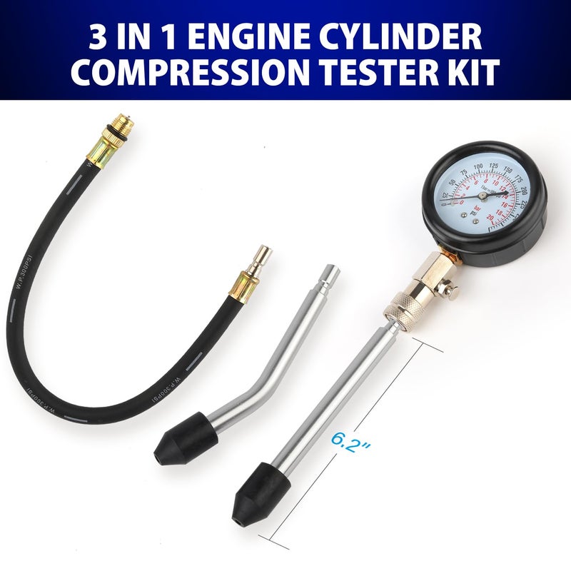 Gnhydxfe Compression Tester, 8pcs Engine Compression Tester kit Professional Petrol Gas Engine Cylinder Pressure Gauge 0-300 PSI Automotive Tool for Motorcycle Car Truck (red) - Image 4